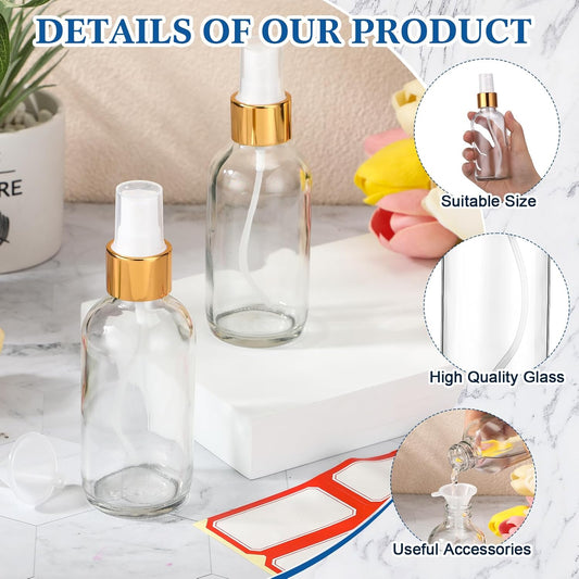 Zentheca – Refillable Fine Mist Spray Bottles – Two glass bottles with gold pumps, perfect for essential oils and skincare.