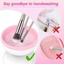 Zentheca Electric Makeup Brush Cleaner showing easy brush cleaning in pink bowl, emphasizing hands-free use for effortless hygiene.