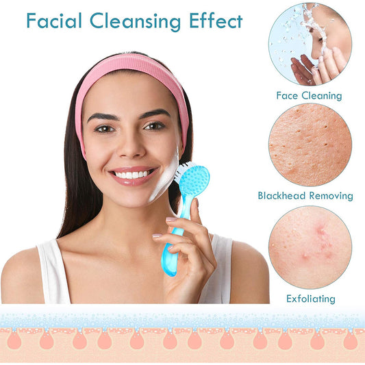 Zentheca – Dual-Head Manual Facial Cleansing Brush in use for effective face cleaning, blackhead removal, and exfoliating.