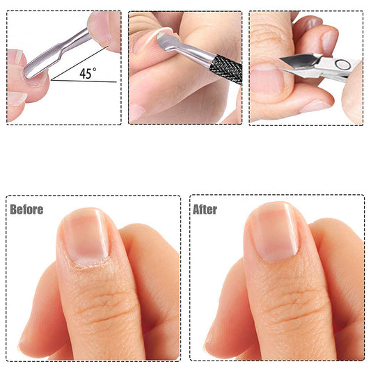 Zentheca – Dual-Ended Cuticle Pusher & Trimmer demonstrating nail care before and after use with close-up images.