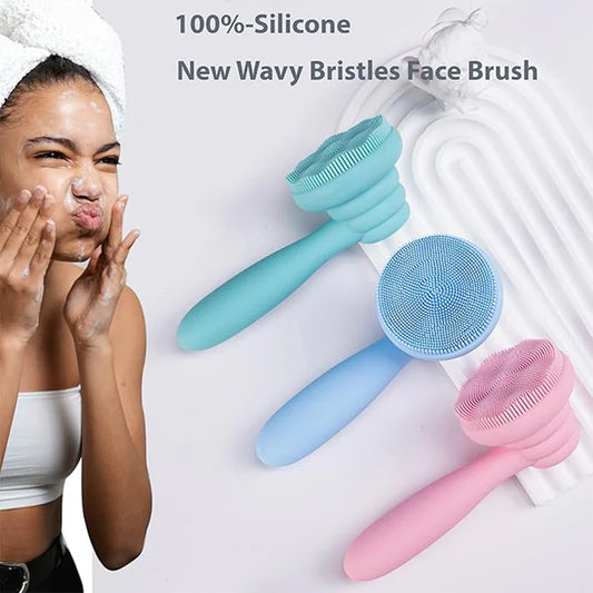 Zentheca – Manual Facial Cleansing & Exfoliating Brush trio with 100%-silicone wavy bristles for gentle skin cleansing.