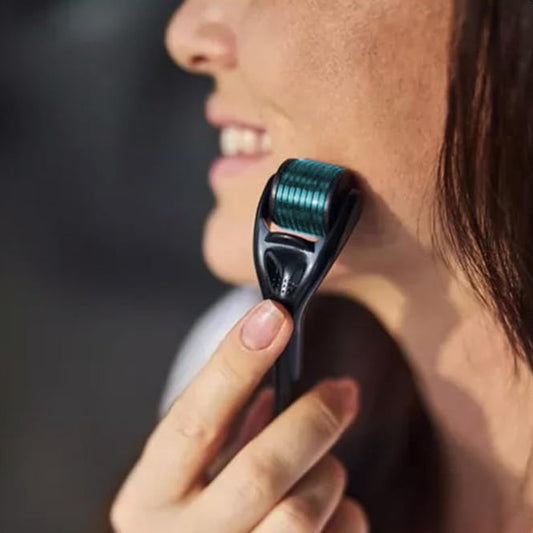 Zentheca – GlowRevive Microneedling Roller in use on skin for rejuvenation and collagen stimulation.