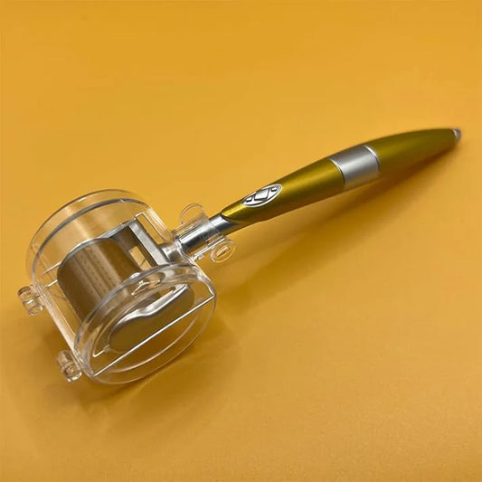 Zentheca – Titanium Microneedling Roller on an orange background, showcasing its medical-grade titanium needles.