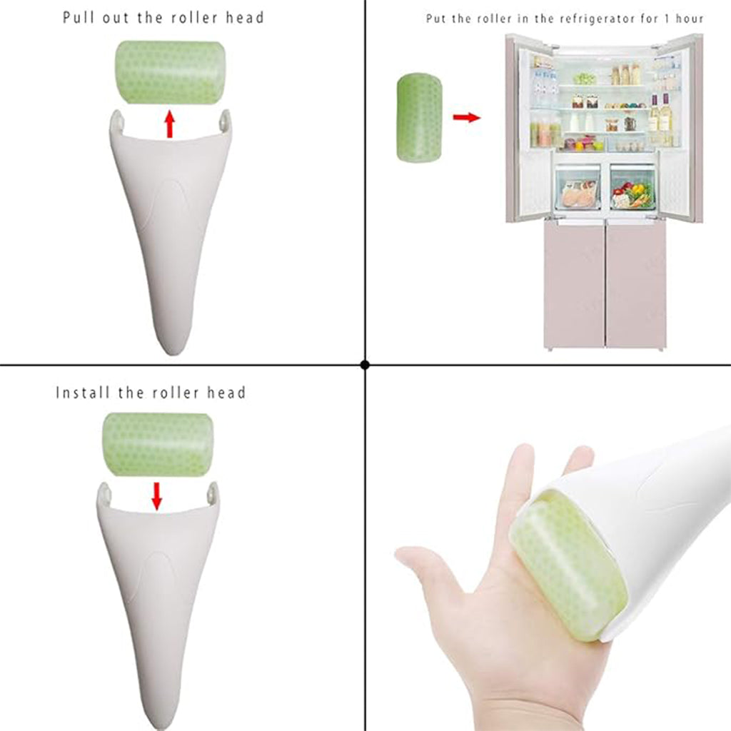 Zentheca – JadeGlow Face & Eye Roller user guide: Installing and cooling the jade roller for enhanced skincare.