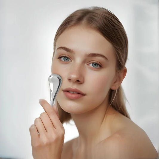 Zentheca – RelaxRoller Facial Massage Tool in use by a woman for facial relaxation and skincare.