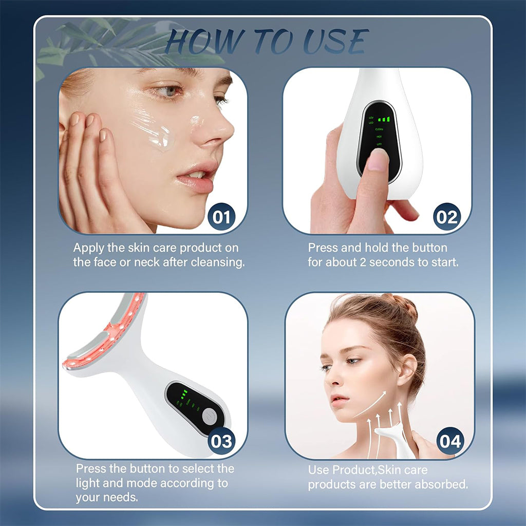 Zentheca – GlowTherm Face Sculpting Massager usage instructions with facial application steps and device controls.