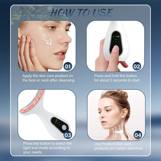 Zentheca – GlowTherm Face Sculpting Massager usage instructions with facial application steps and device controls.