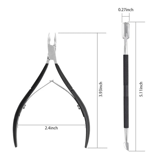 Zentheca – Professional Cuticle Care Set dimensions showing cuticle trimmer and push stick for nail grooming.