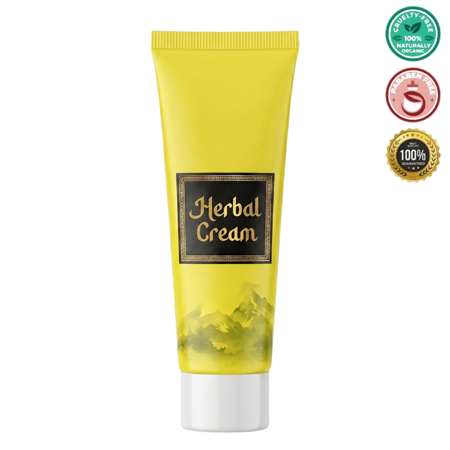 Herbal Cream tube with a vibrant yellow design promoting plant-based skincare benefits.