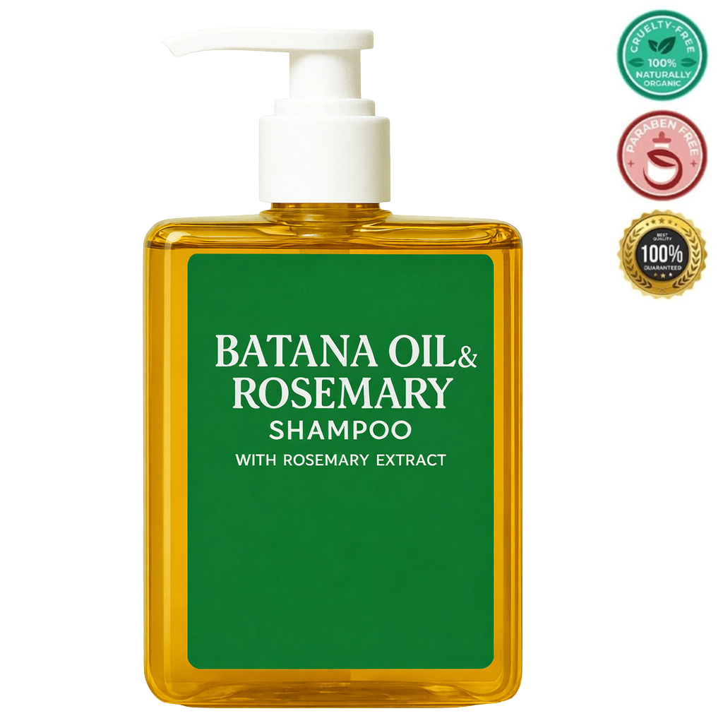 Batana Oil & Rosemary Shampoo bottle with pump, designed for shiny and smooth hair, featuring rosemary extract.