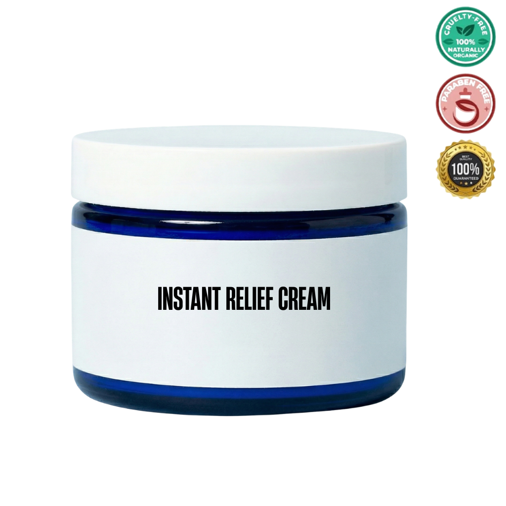 Instant Relief Cream jar with calming skin cream for soft, refreshed skin and moisture barrier support.