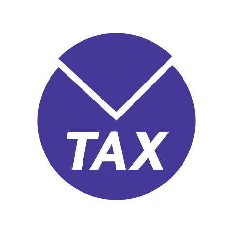 Graphic representation of TAX in bold white letters on a purple circular background.