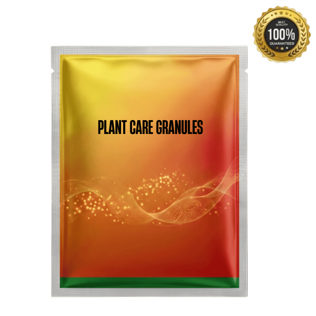 Packaging of Plant Care Granules, featuring a vibrant design and a 100% guaranteed badge for quality assurance.