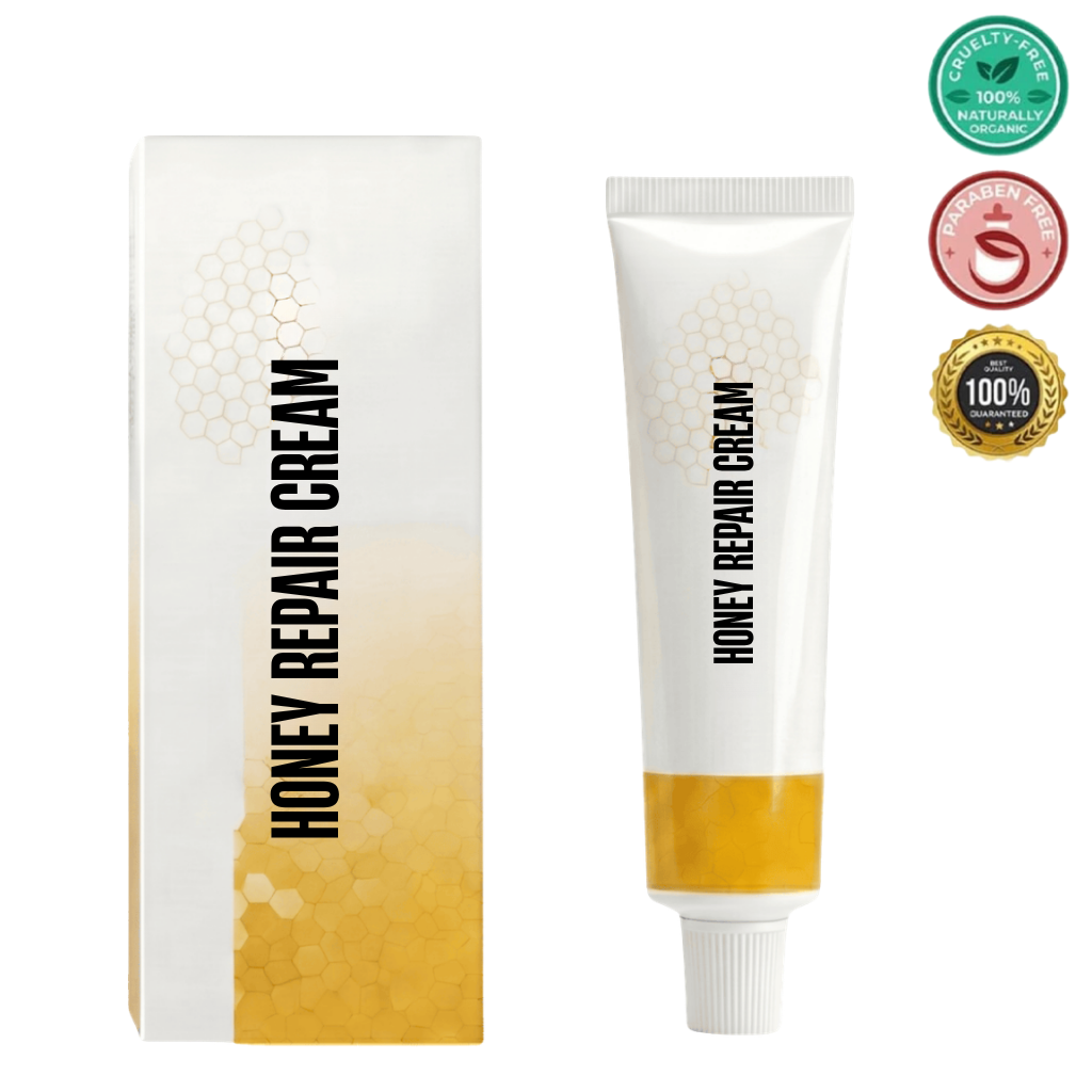 Luxe Honey Repair Cream in a white tube alongside its packaging, emphasizing smooth skin and nourishing properties.