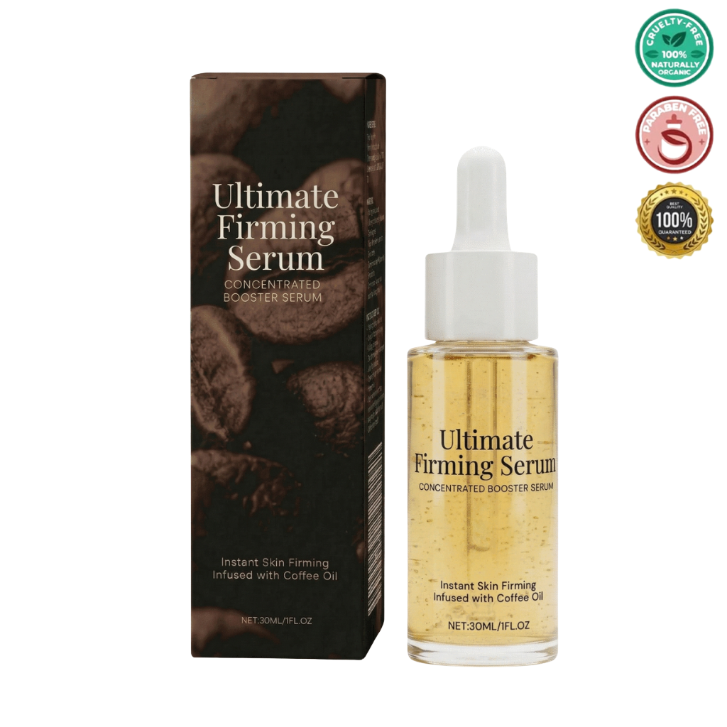 Ultimate Firming Serum in a bottle with dropper, packaged in a box, promoting refined skin appearance.