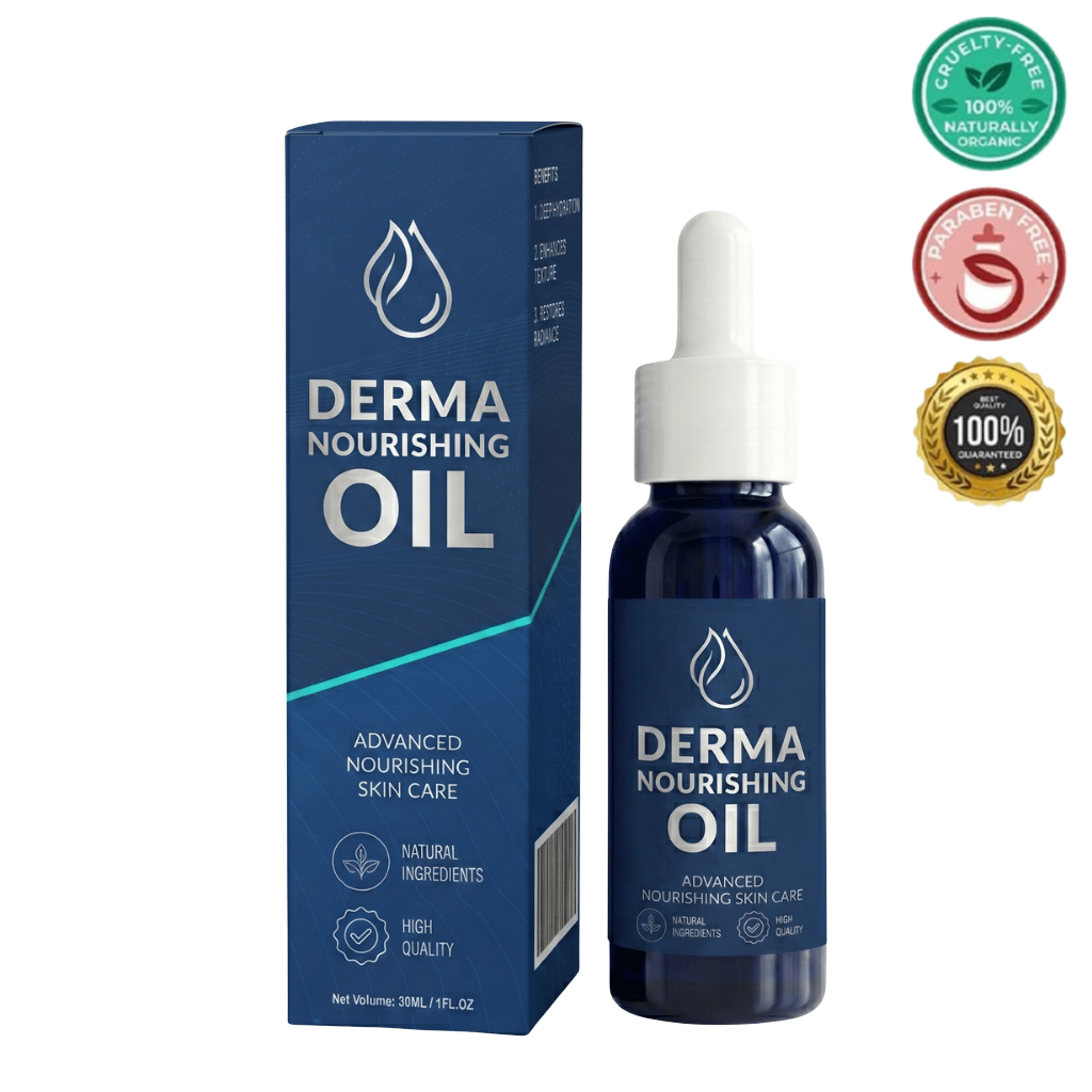 Derma Nourishing Oil bottle and packaging showcasing advanced nourishing skin care with natural ingredients.