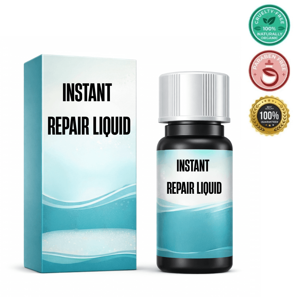 Instant Repair Liquid bottle and box packaging showcasing benefits of lightweight skin care solution.