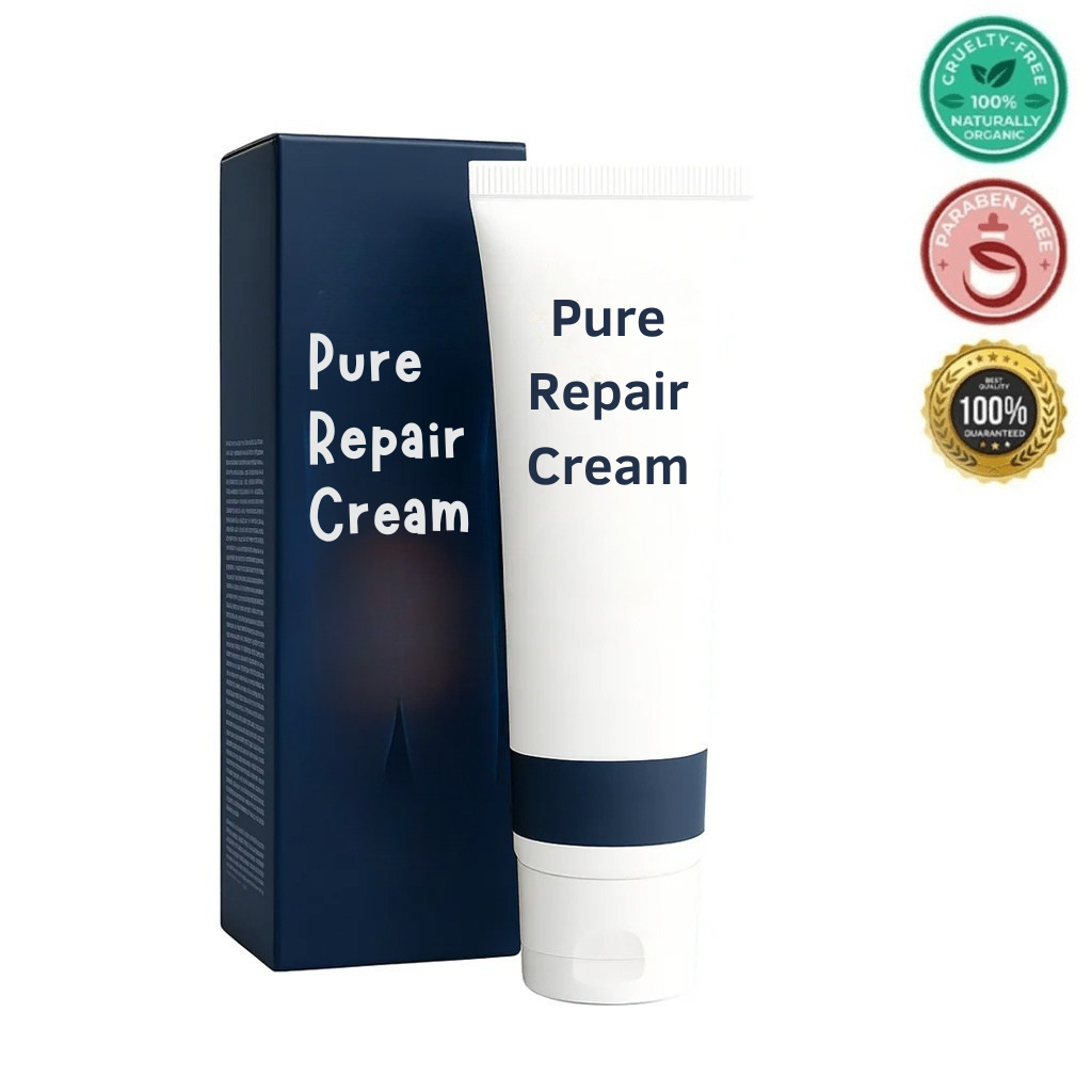 Pure Repair Cream tube and box, highlighting skincare benefits and natural ingredients.