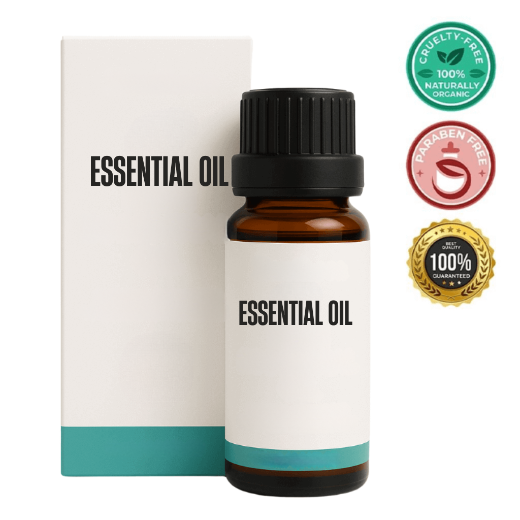 Essential Oil bottle with packaging showcasing cruelty-free, paraben-free, and organic features.