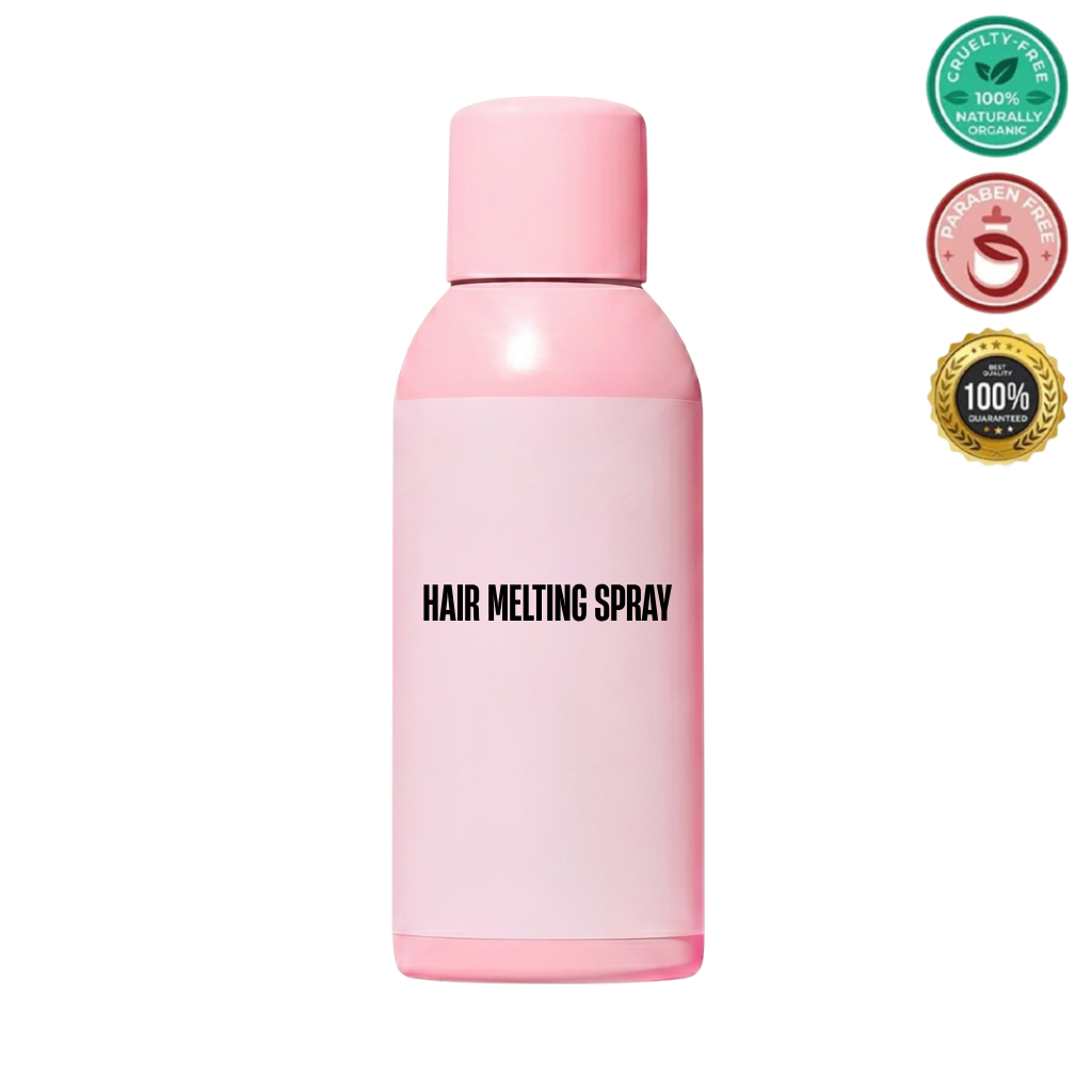 Hair Melting Spray in a pink bottle with cruelty-free and paraben-free certification badges.