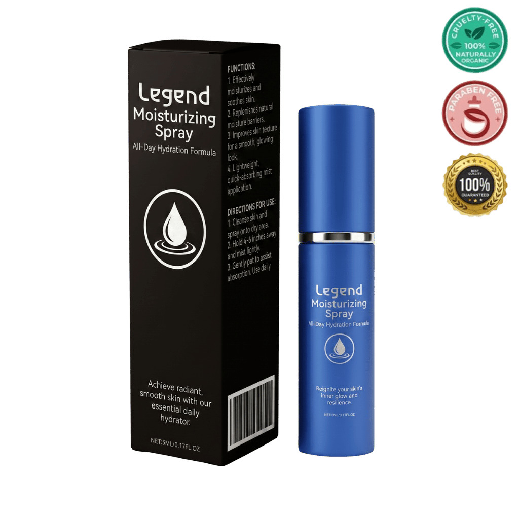 Legend Moisturizing Spray displayed with its packaging, promoting healthy, hydrated skin and daily skincare routine.