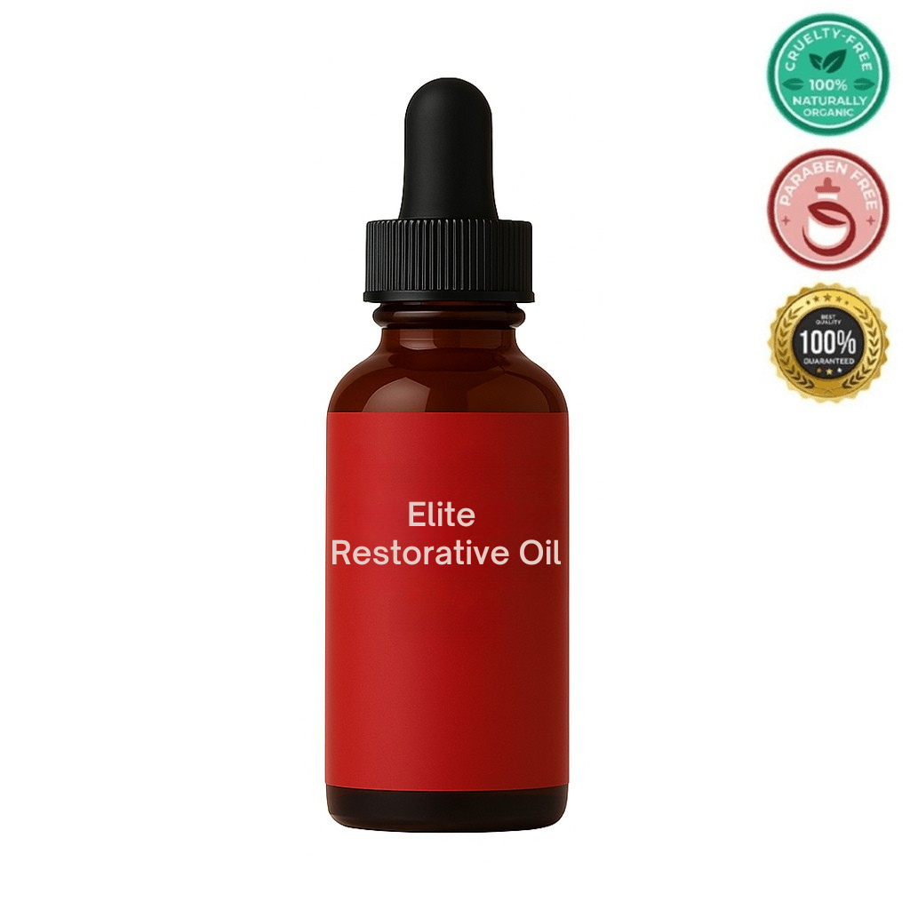 Bottle of Elite Restorative Oil showcasing its smooth, refined formula for a polished skin appearance.