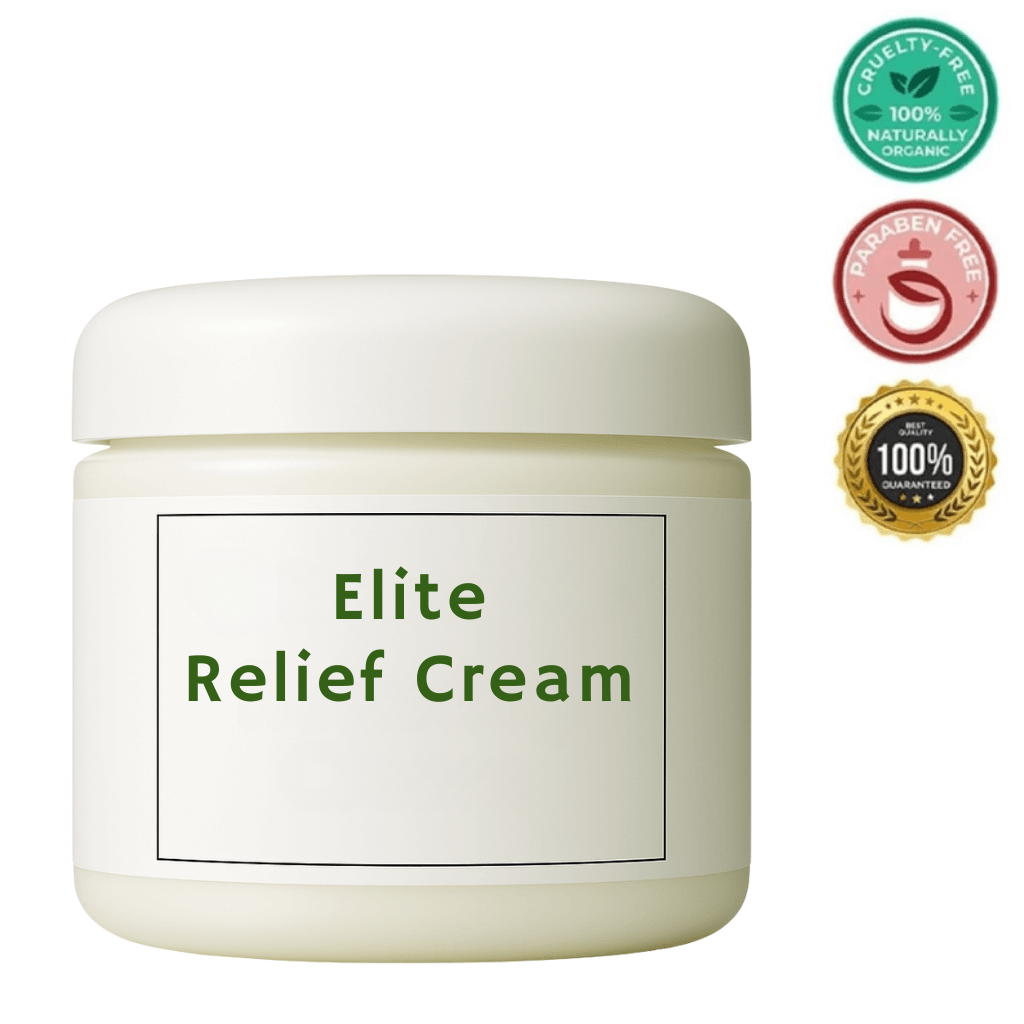 Jar of Elite Relief Cream with cruelty-free and organic certification badges.