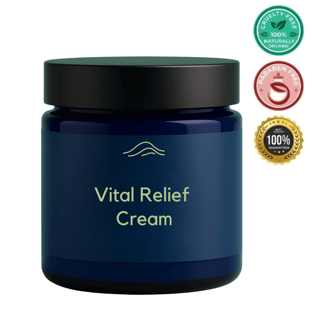 Vitality Relief Cream in a blue jar with cruelty-free, organic, and paraben-free labels.
