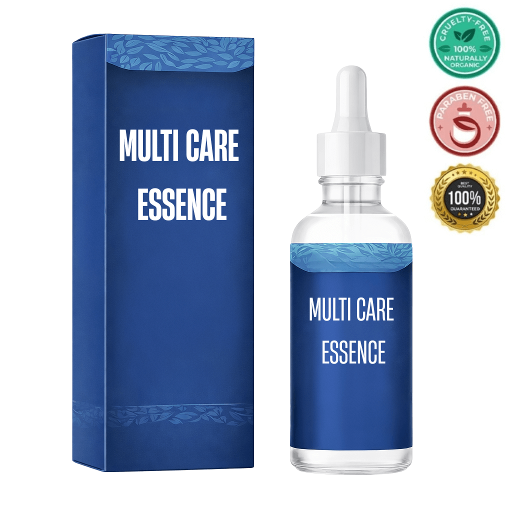 Multi Care Essence skincare bottle and box showcasing cruelty-free and paraben-free features.
