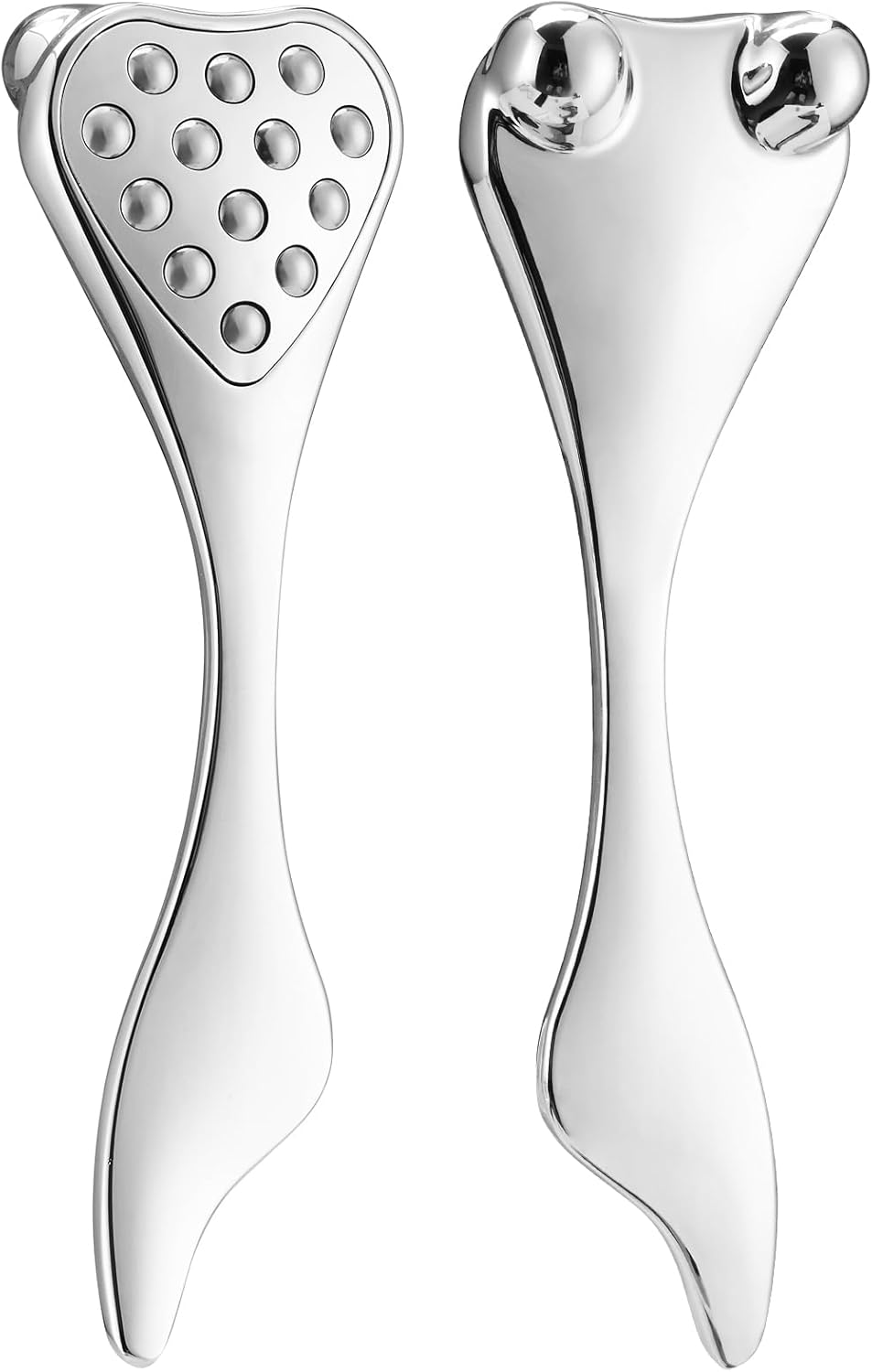 Zentheca 4-in-1 Facial Roller & Gua Sha Tool in polished metal, features dual ends for facial massage and sculpting.