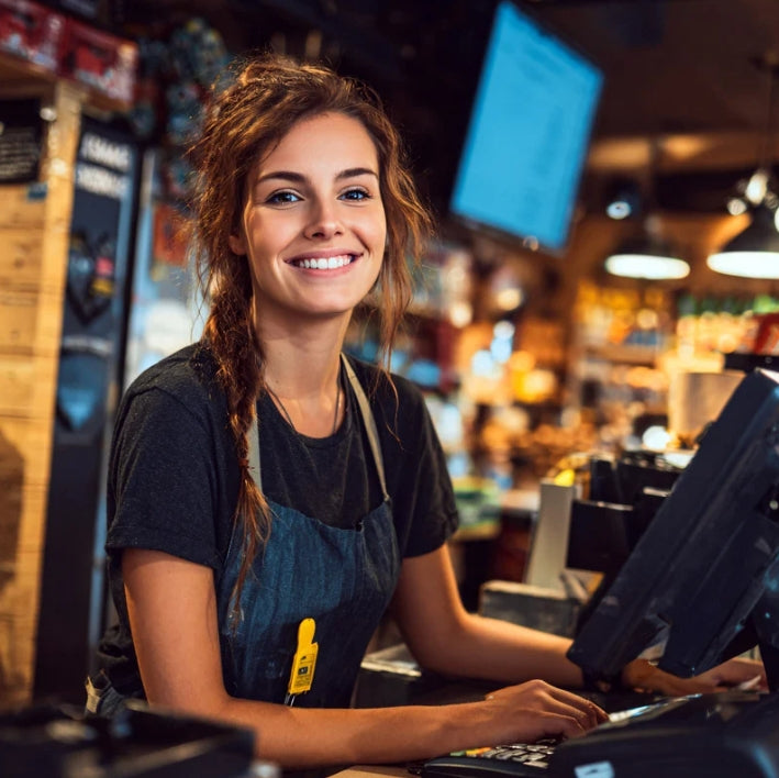 Smiling young woman at a cash register in a vibrant store, wearing a gray t-shirt and apron.