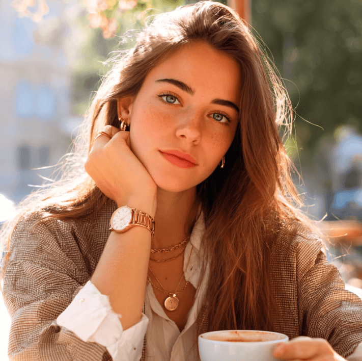 A woman enjoying a cup of Pure Refreshing Tea in a cozy cafe, enhancing her beauty routine.
