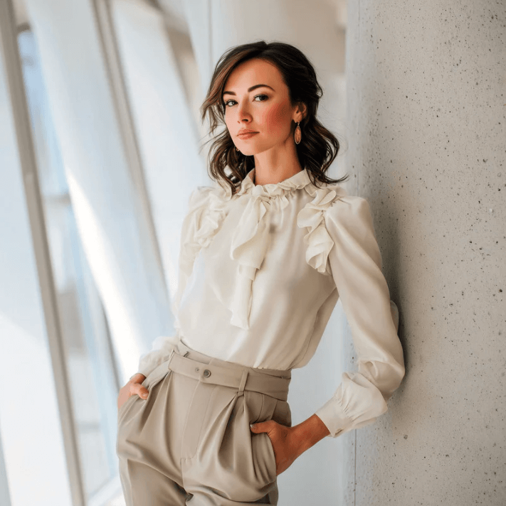 Woman in elegant white blouse with ruffles, posing confidently next to a concrete wall in a bright setting.