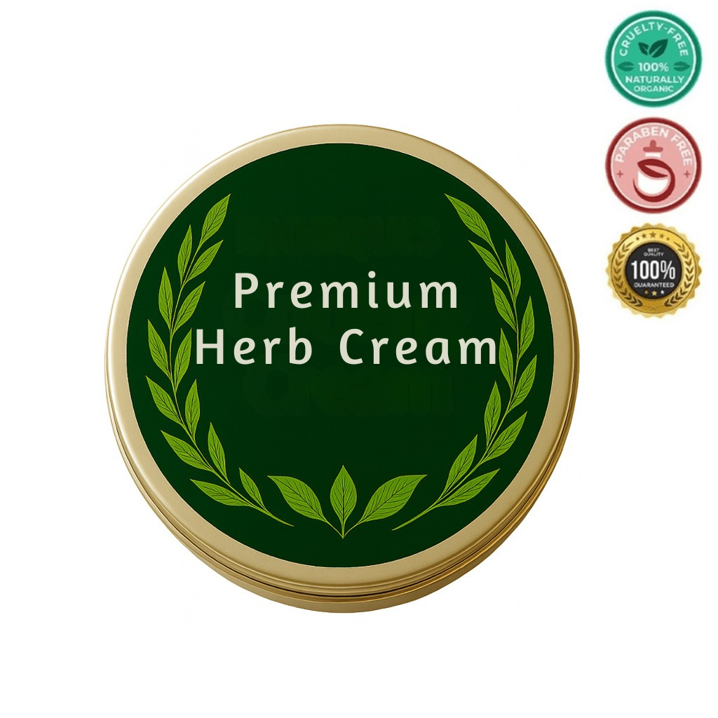 Premium Herb Cream container with green design, cruelty-free and paraben-free seals.