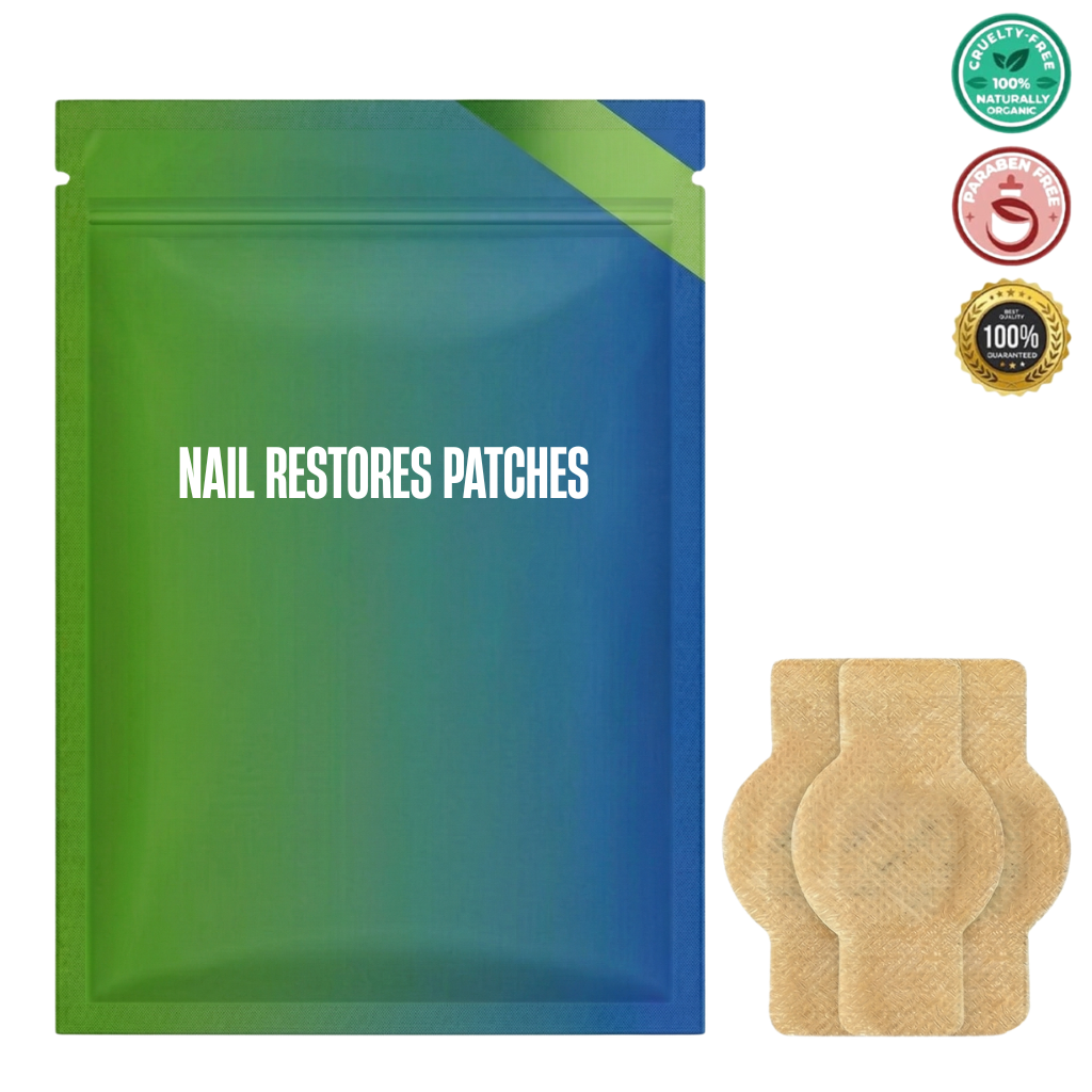 Nail Restores Patches packaging with easy-to-use nail patches for improved nail appearance.