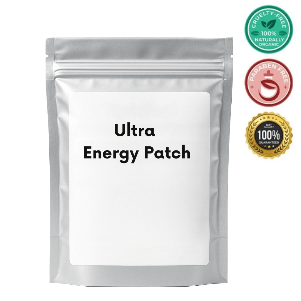Packaging of Ultra Energy Patch skincare product, showcasing its cruelty-free and paraben-free certifications.