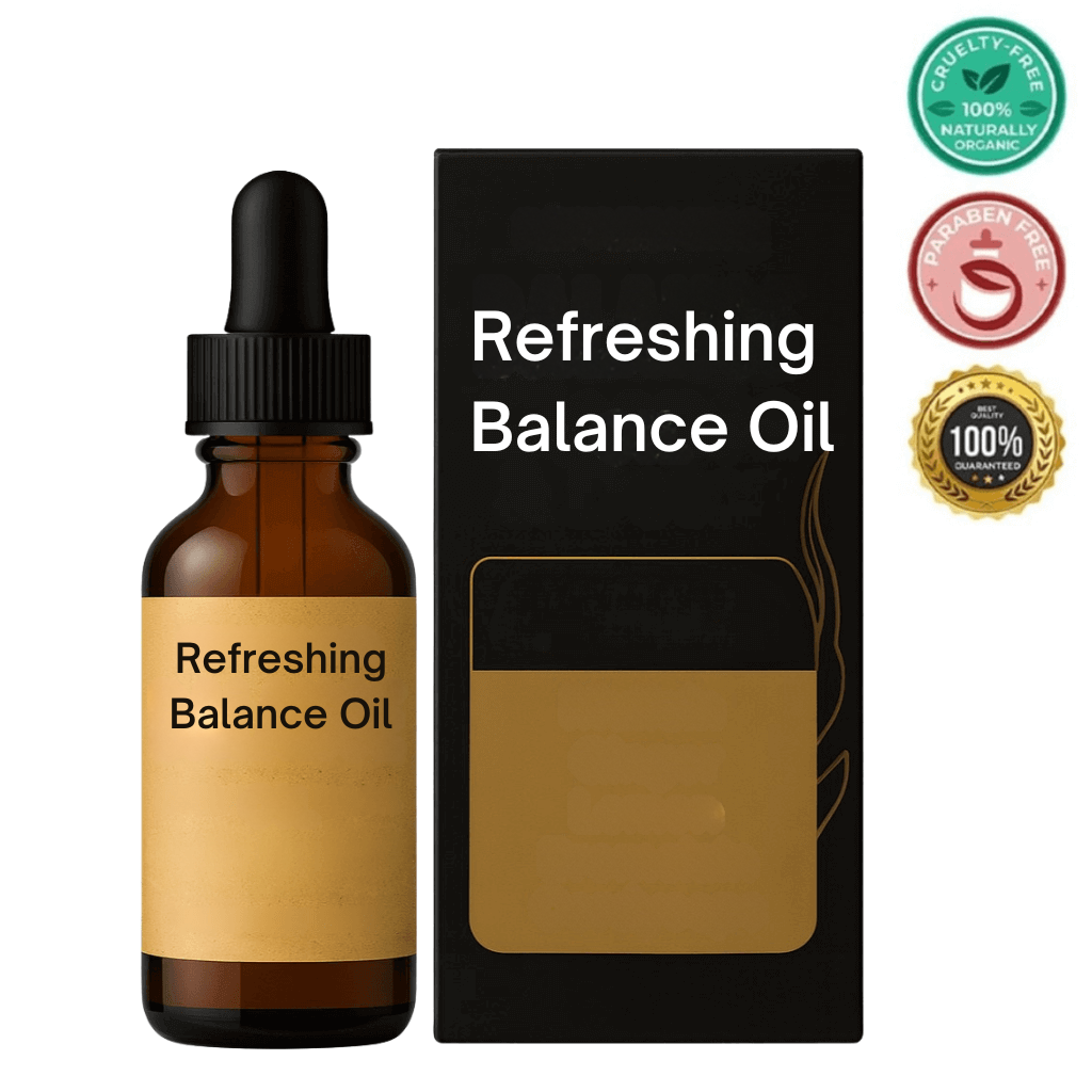 Refreshing Balance Oil skincare oil bottle and box, featuring a lightweight, smooth application formula.