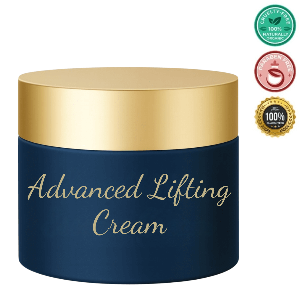 Advanced Lifting Cream in a stylish jar showcasing cruelty-free and organic certifications.