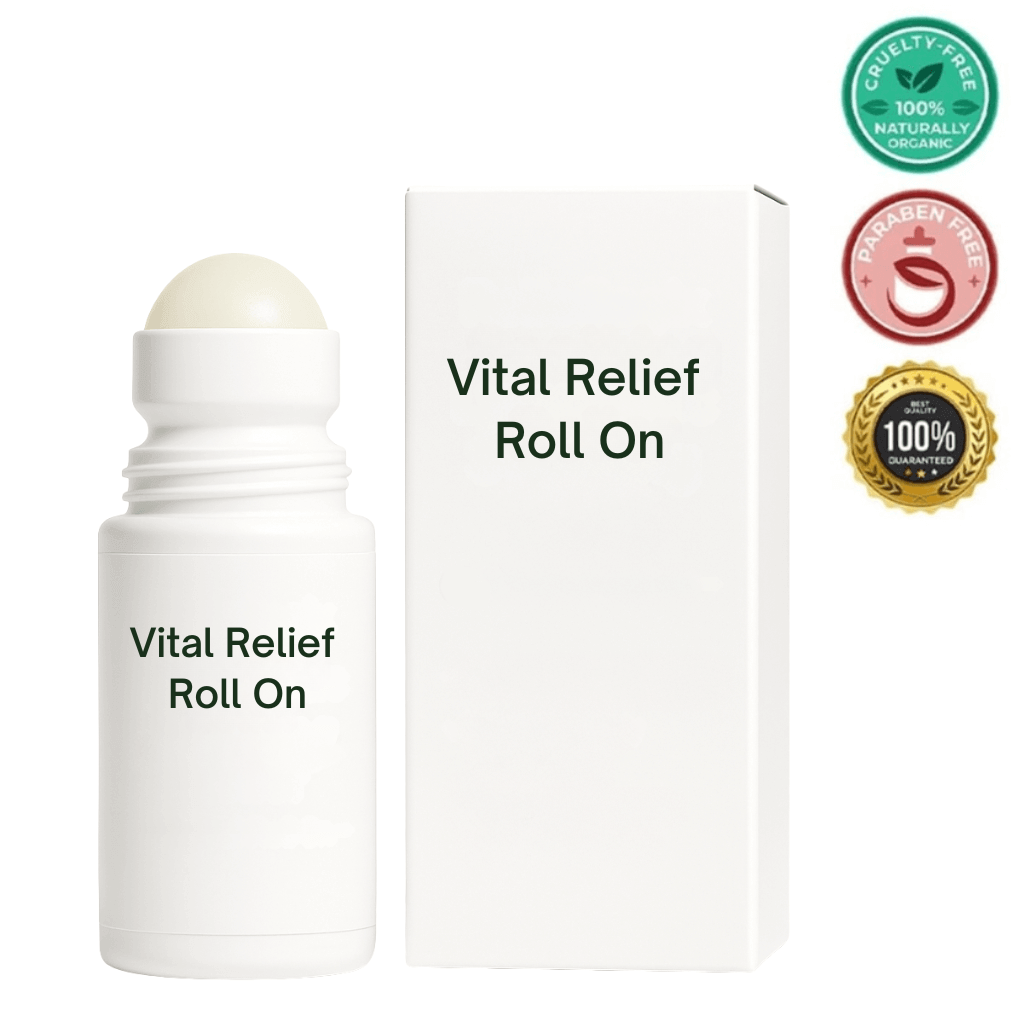 Vital Relief Roll On skincare product in packaging, emphasizing its smooth application and skin-enhancing benefits.