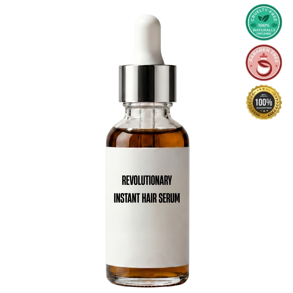 Revolutionary Instant Hair Serum in a glass dropper bottle, promoting healthier, fuller, and smoother hair.