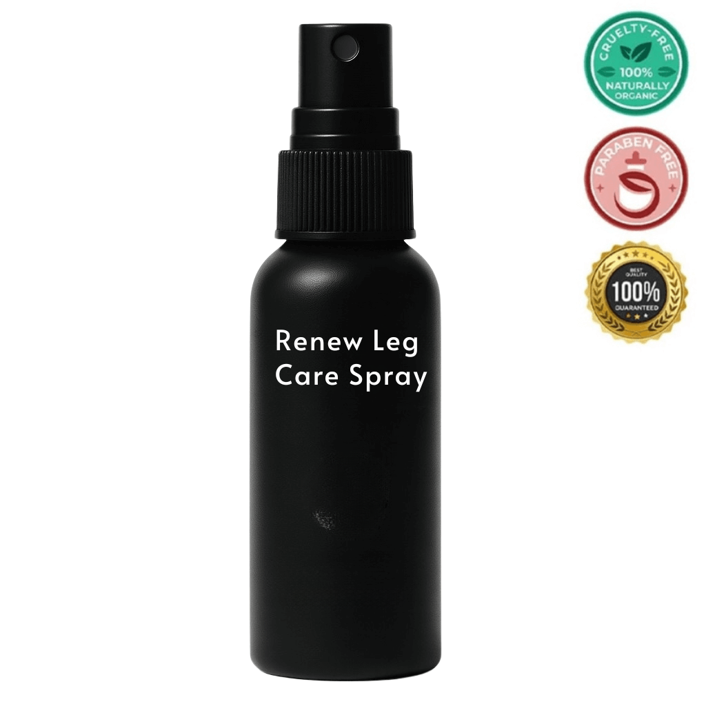 Renew Leg Care Spray in a black bottle, designed to refine skin texture and enhance beauty routine.