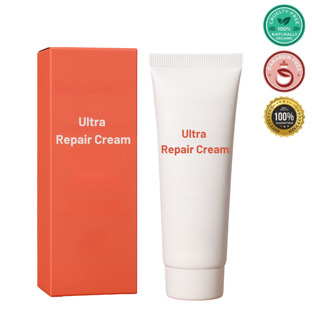 Ultra Repair Cream in a tube and box packaging, showcasing its cruelty-free and paraben-free certifications.