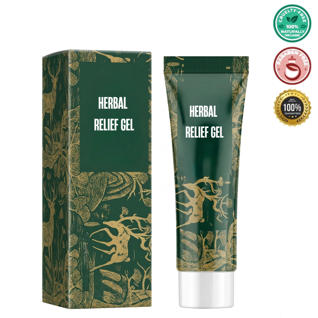 Herbal Relief Gel tube and packaging showcasing natural beauty ingredients for skin care.