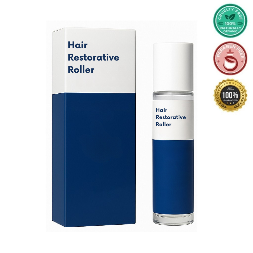 Hair Restorative Roller product packaging and bottle with cruelty-free and paraben-free labels.