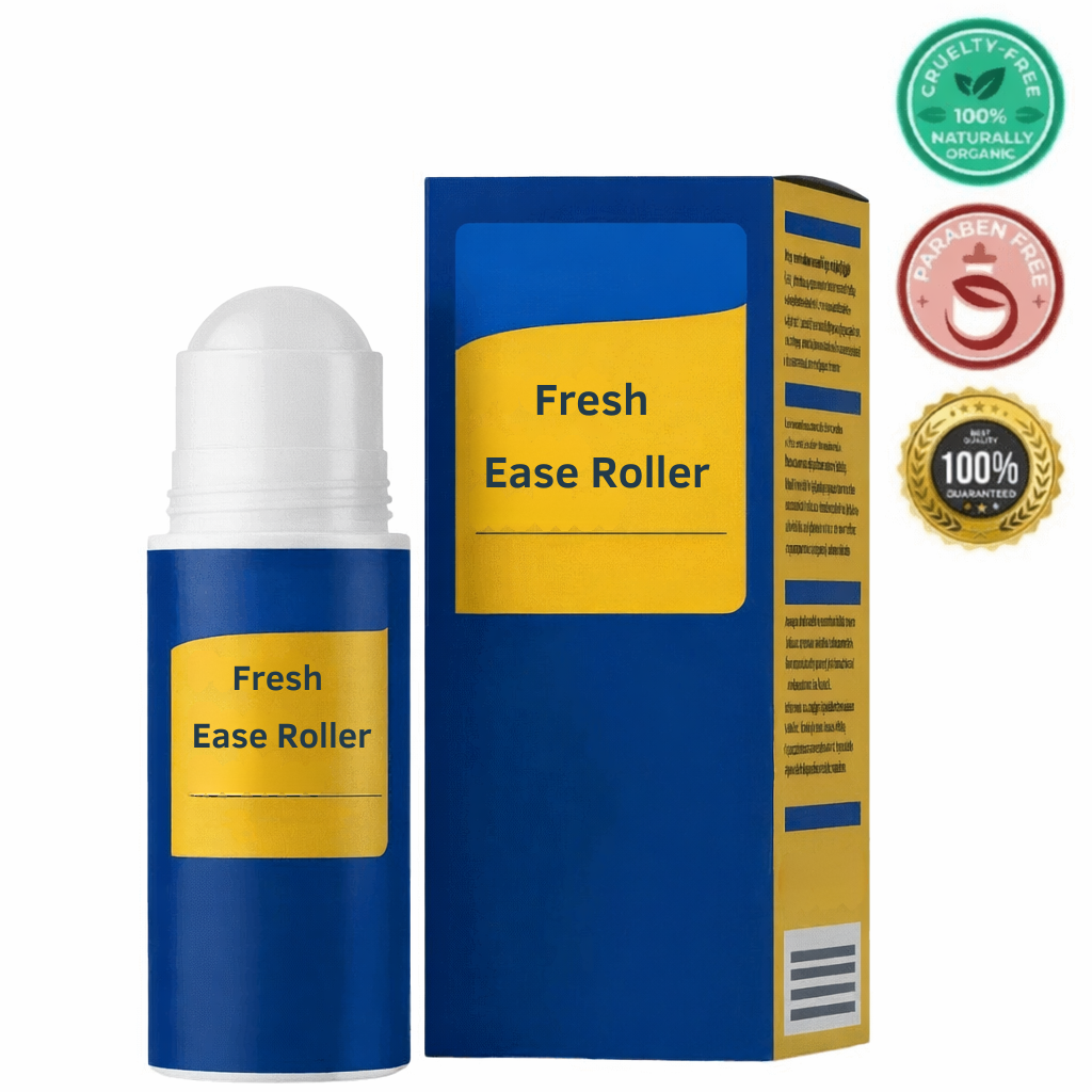 Fresh Ease Roller product image featuring roller and packaging with cruelty-free and organic labels.