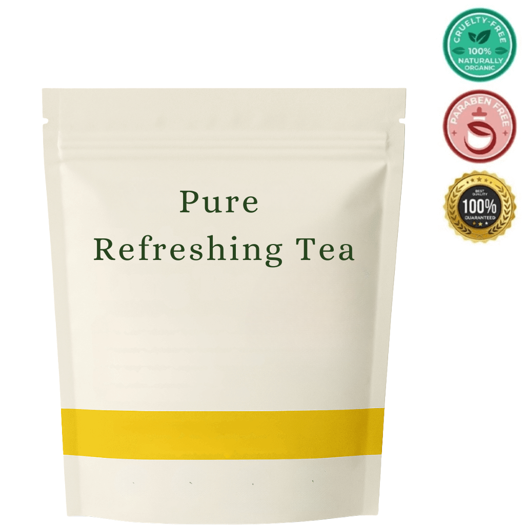 Package of Pure Refreshing Tea, highlighting its natural ingredients and beauty-focused skincare benefits.