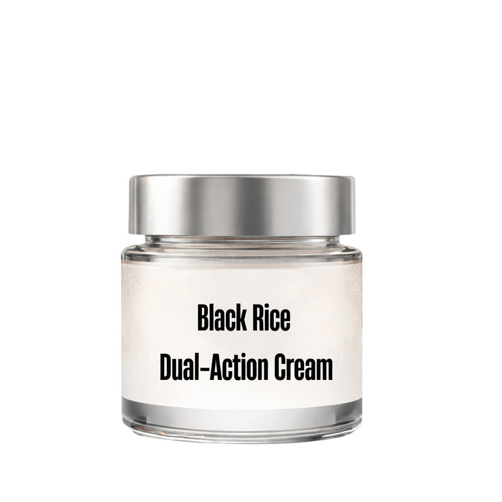 Black Rice Dual-Action Cream in a sleek jar designed for skincare and enhancing complexion.
