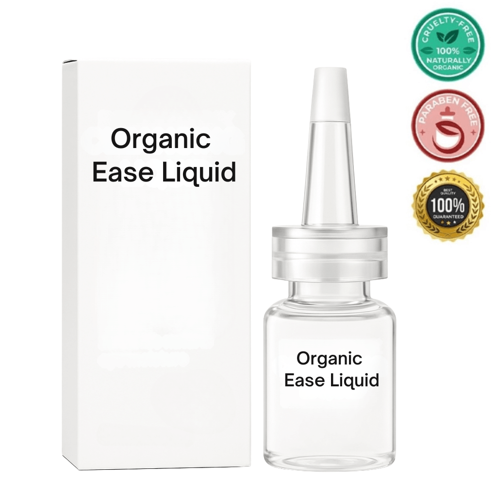 Organic Ease Liquid bottle and packaging, cruelty-free and paraben-free for fresh, clean-looking skin.