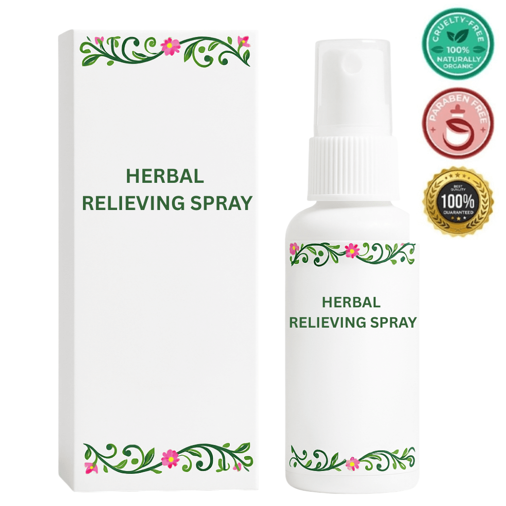 Herbal Relieving Spray bottle and packaging, highlighting its cruelty-free and paraben-free qualities.