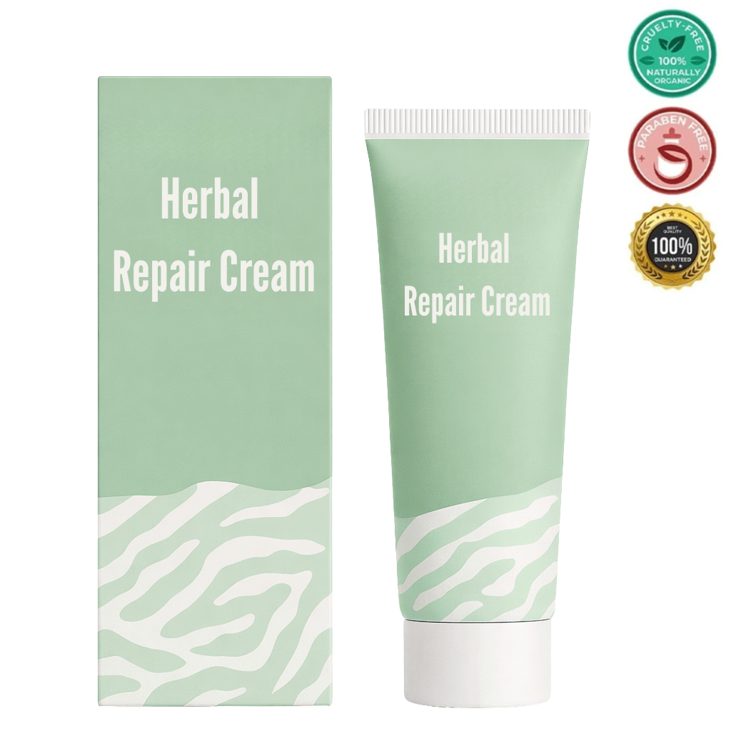Herbal Repair Cream packaging and tube displaying cruelty-free and natural product certifications.